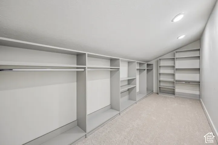Recessed lighting illuminates the carpeted floor and built-in shelving, providing extensive storage options