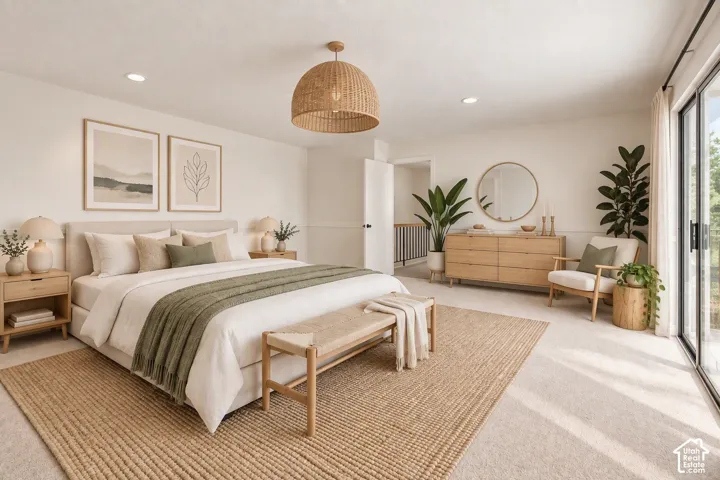 Neutral-toned interior featuring recessed lighting, a woven basket-style pendant light fixture, wall-mounted wainscoting, and sliding glass doors