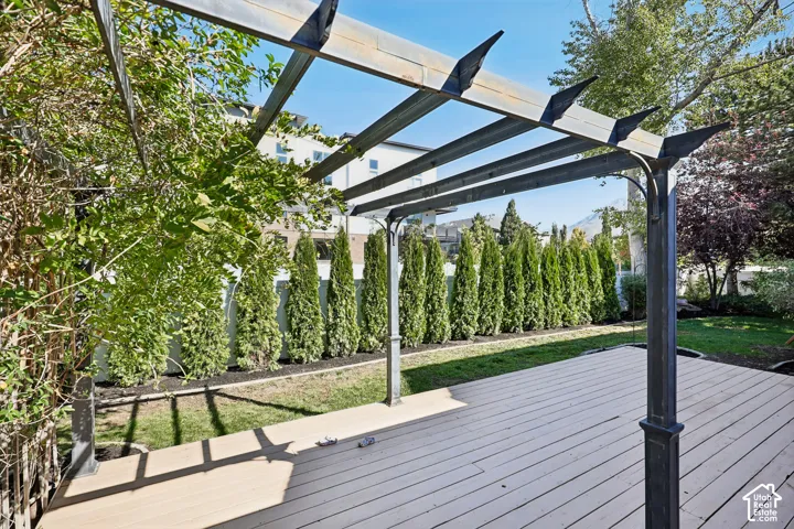 Expansive outdoor decking with an open pergola, bordered by a privacy hedge and lawn area