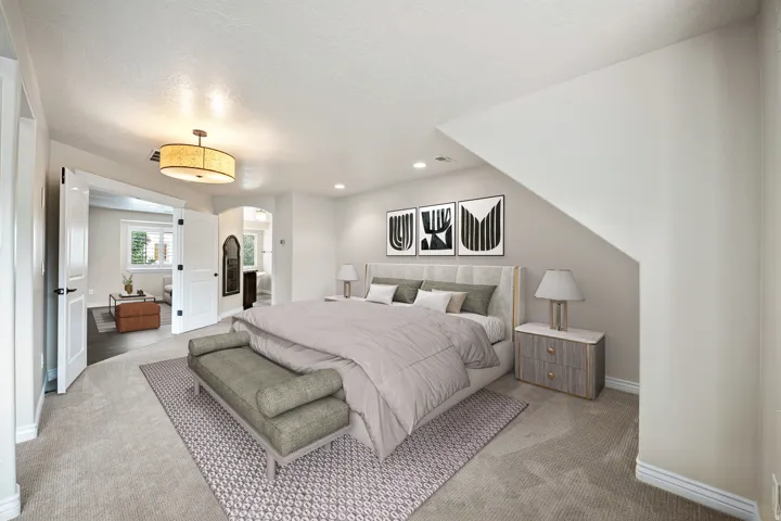 Plush carpeting, recessed lighting, double doors, and a decorative ceiling light fixture