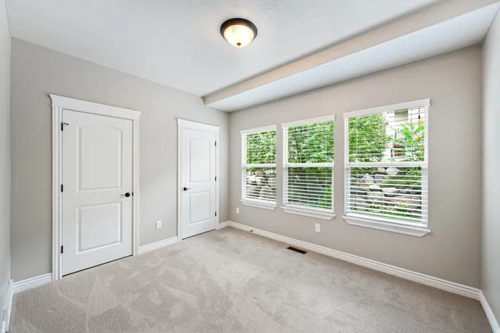 Plush carpet flooring, three windows with blinds, tray ceiling, and two paneled doors with dark hardware