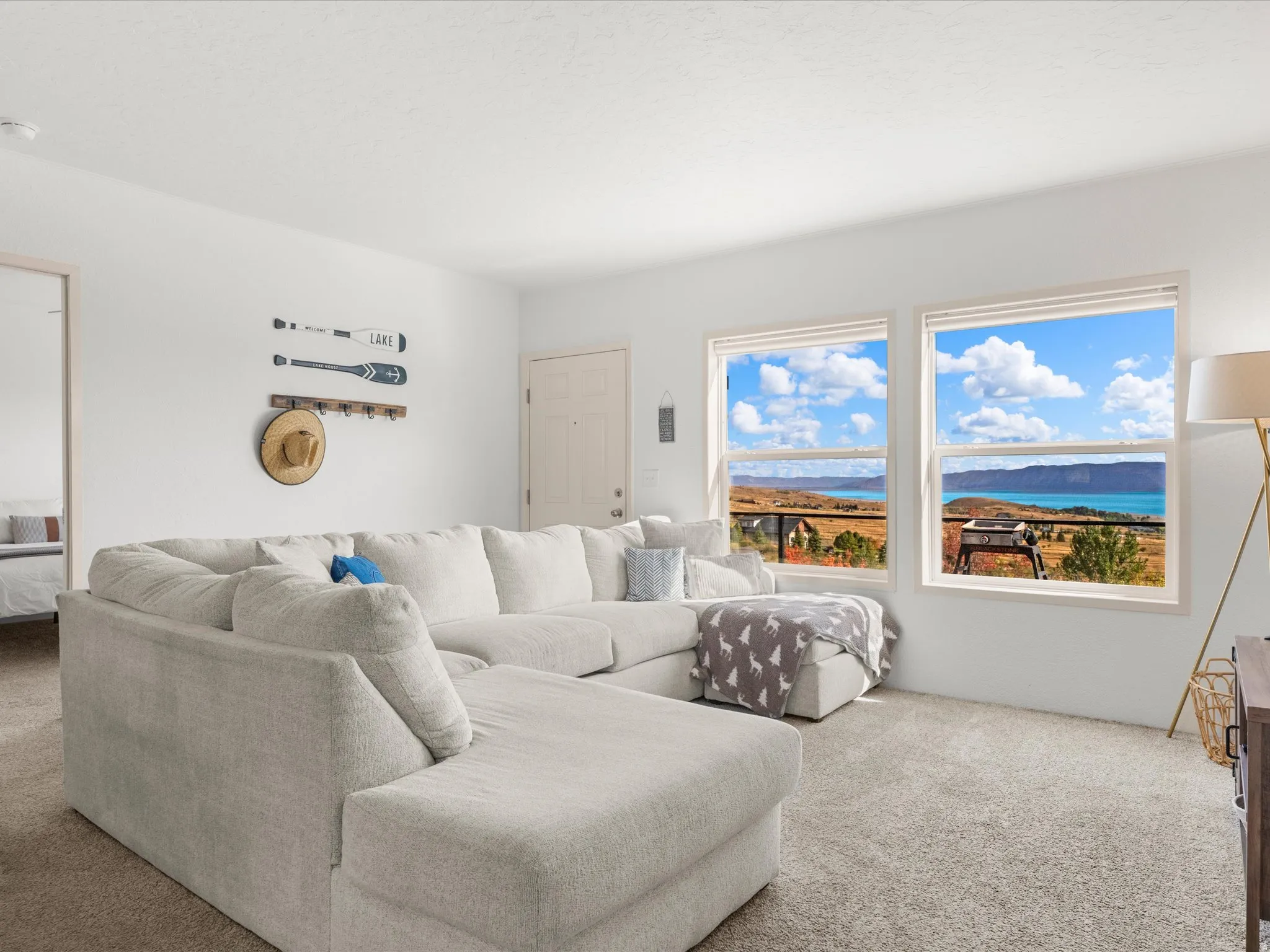 Carpeted living area with white walls, two large windows, and a light-colored entry door