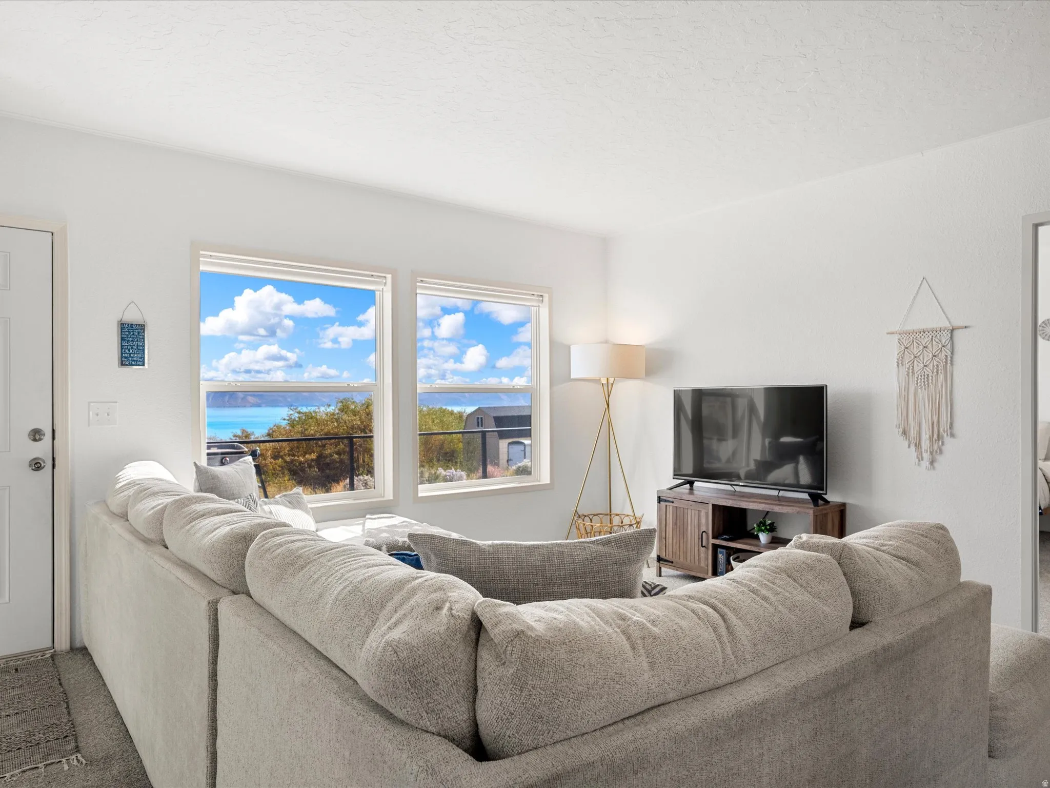 Bright interior with white walls, two large windows, and a durable carpeted floor