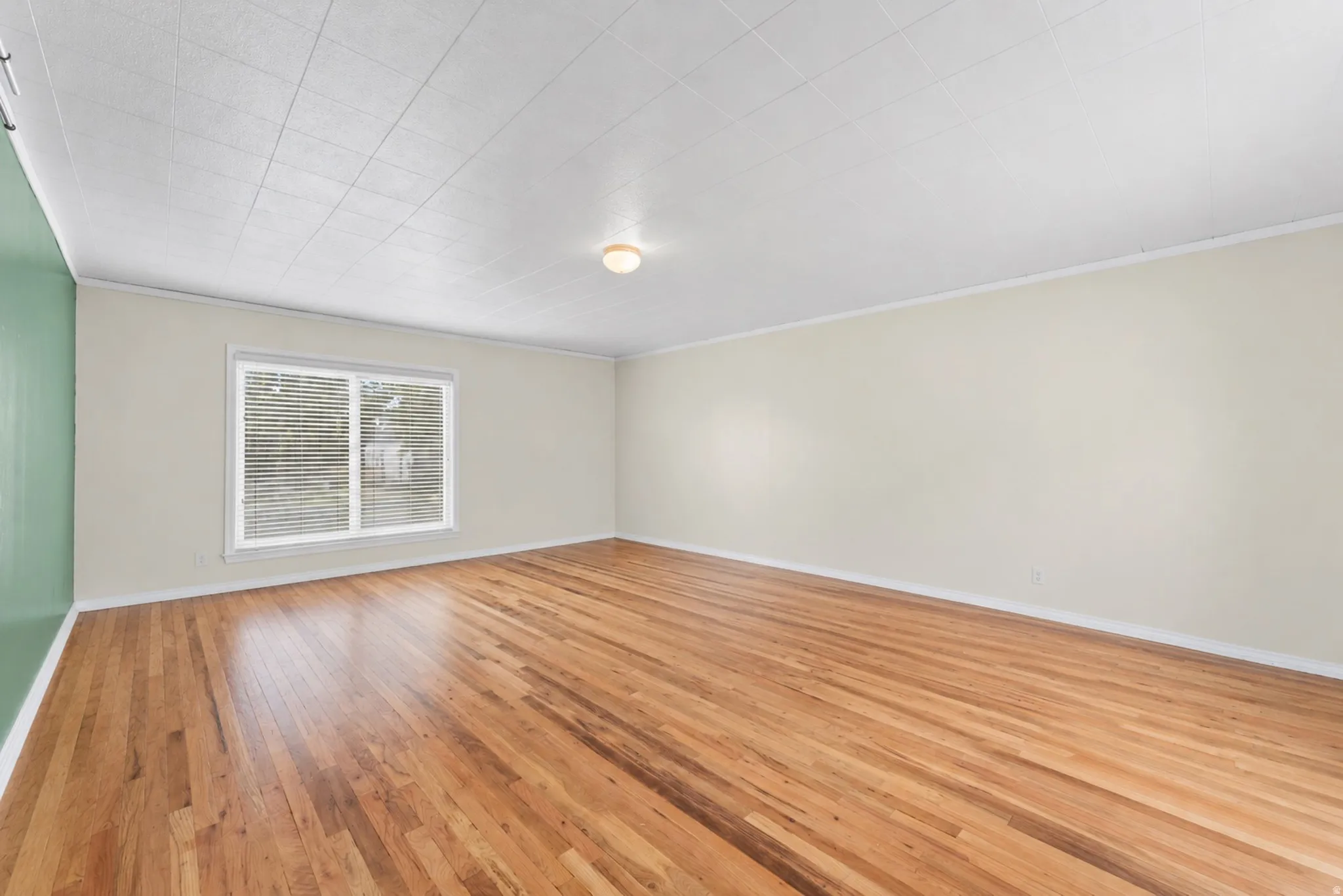 Hardwood flooring, neutral wall tones, window with horizontal blinds, overhead lighting fixture, and white ceiling