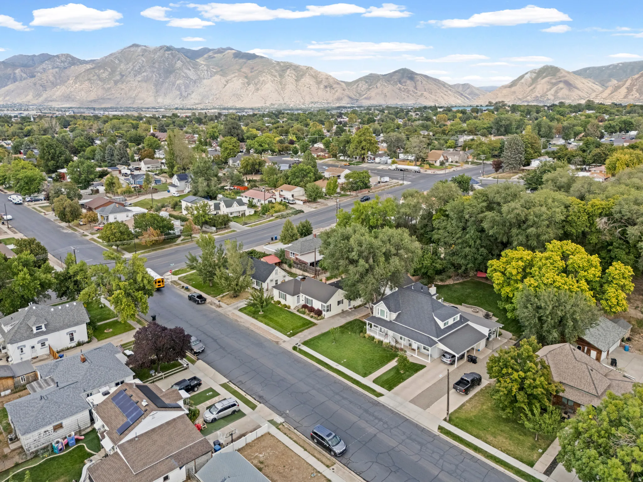 Residential neighborhood with mature trees and mountain scenery
