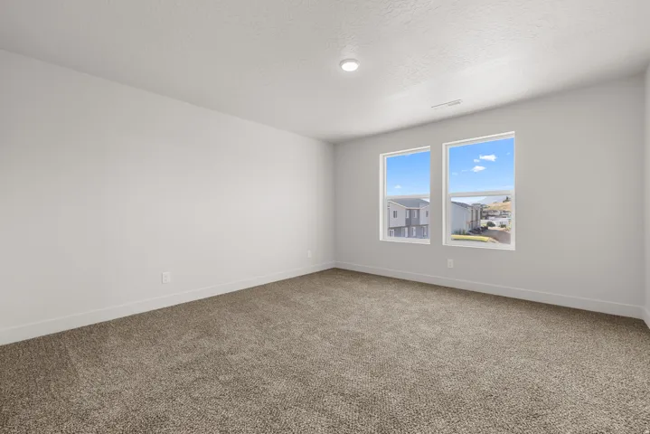 Neutral wall paint, textured ceiling, recessed lighting, carpet flooring, and dual windows