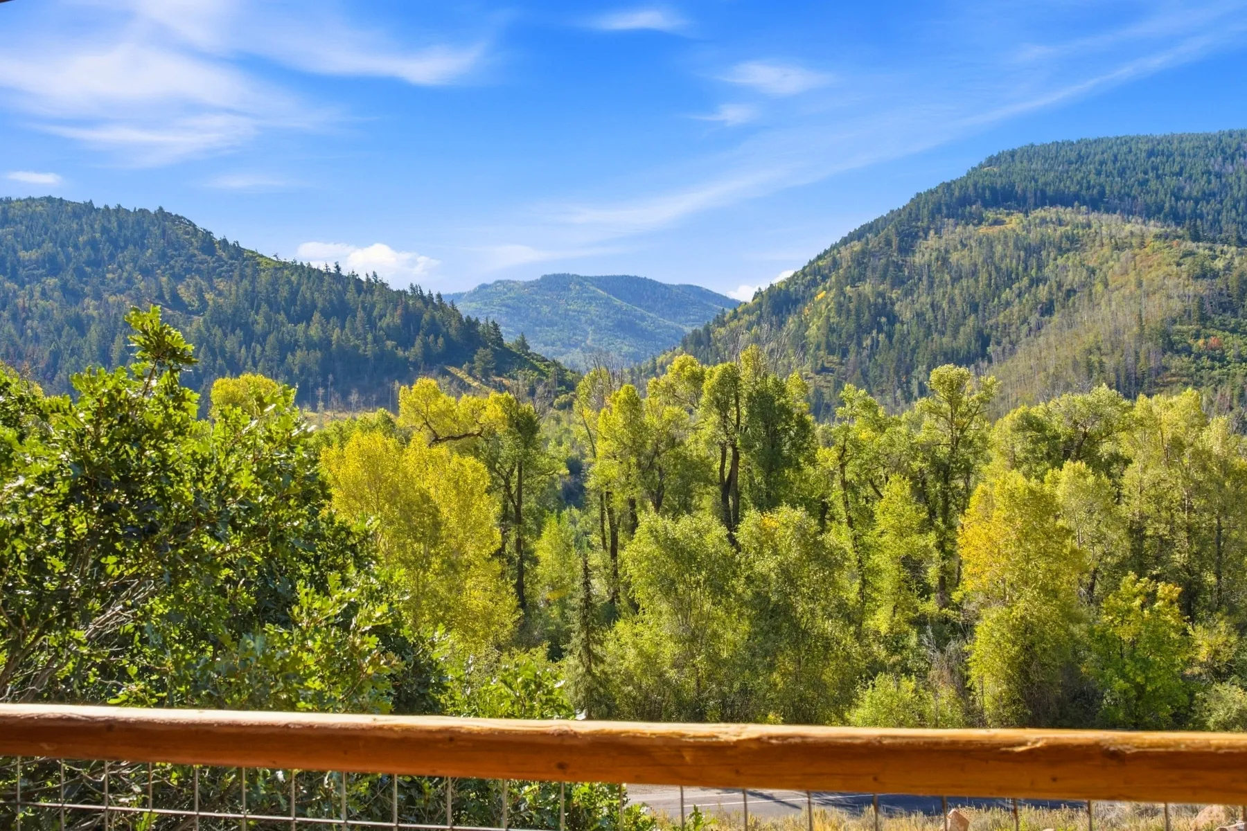 Mountainous terrain, expansive greenery, natural wood railing, wire mesh fencing, clear sky