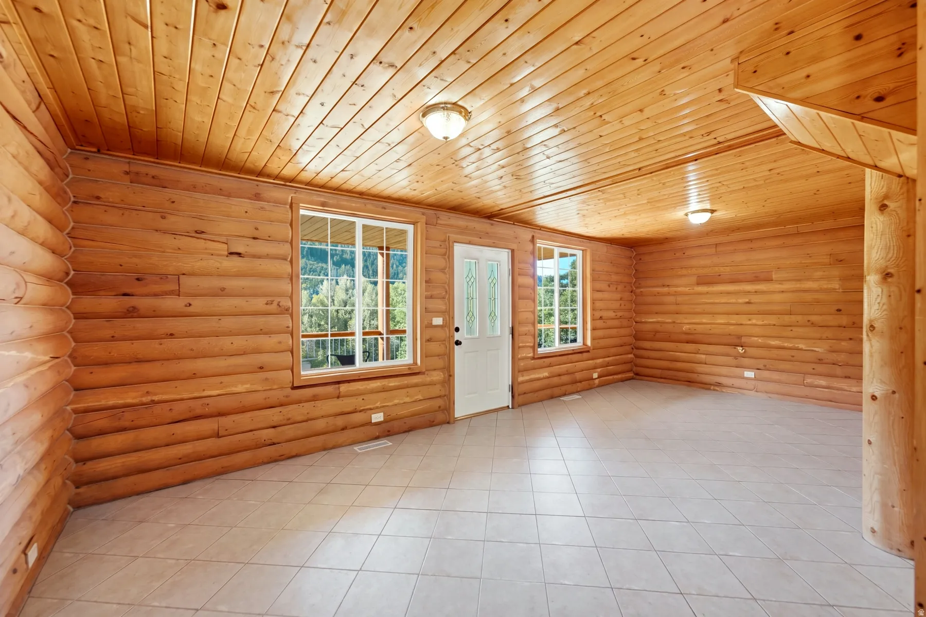 Wood-paneled walls and ceiling