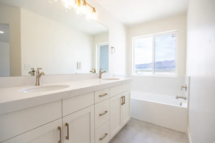 Primary bath with dual sinks, painted white wood cabinets, soaker tub and walk-in shower.