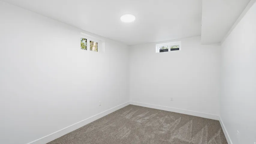 Light gray carpeting, two transom windows, white painted walls, and a ceiling-mounted light fixture