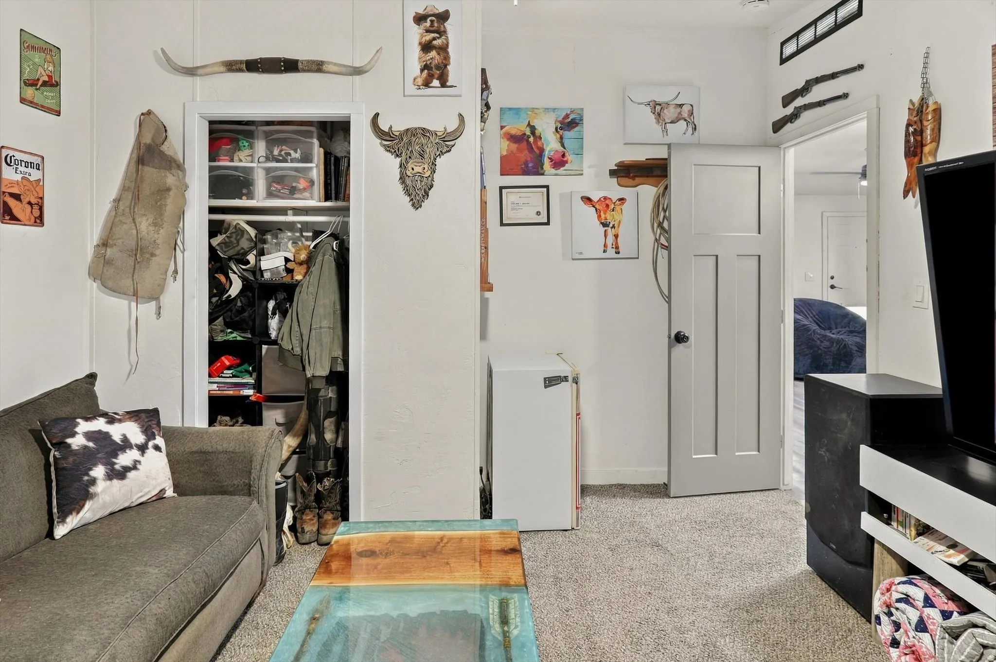 Neutral-toned carpeting throughout