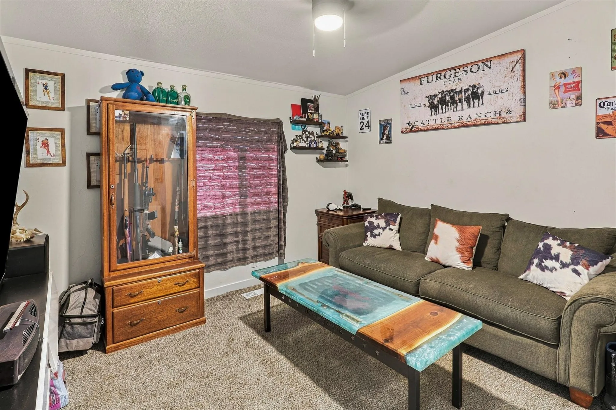Textured wall-to-wall carpeting, ceiling fan with light fixture, and built-in wall shelving