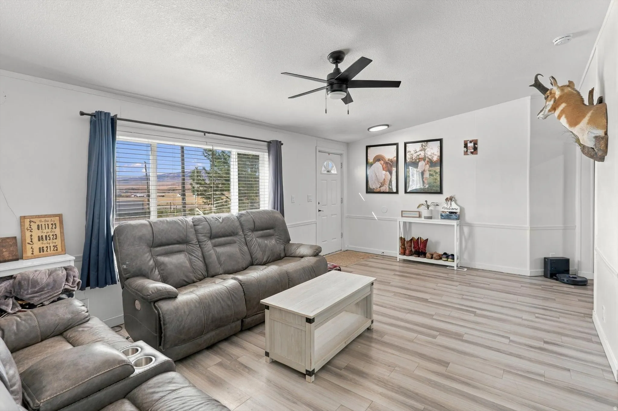 Expansive window, plank flooring, ceiling fan, white paneled door, and chair rail molding