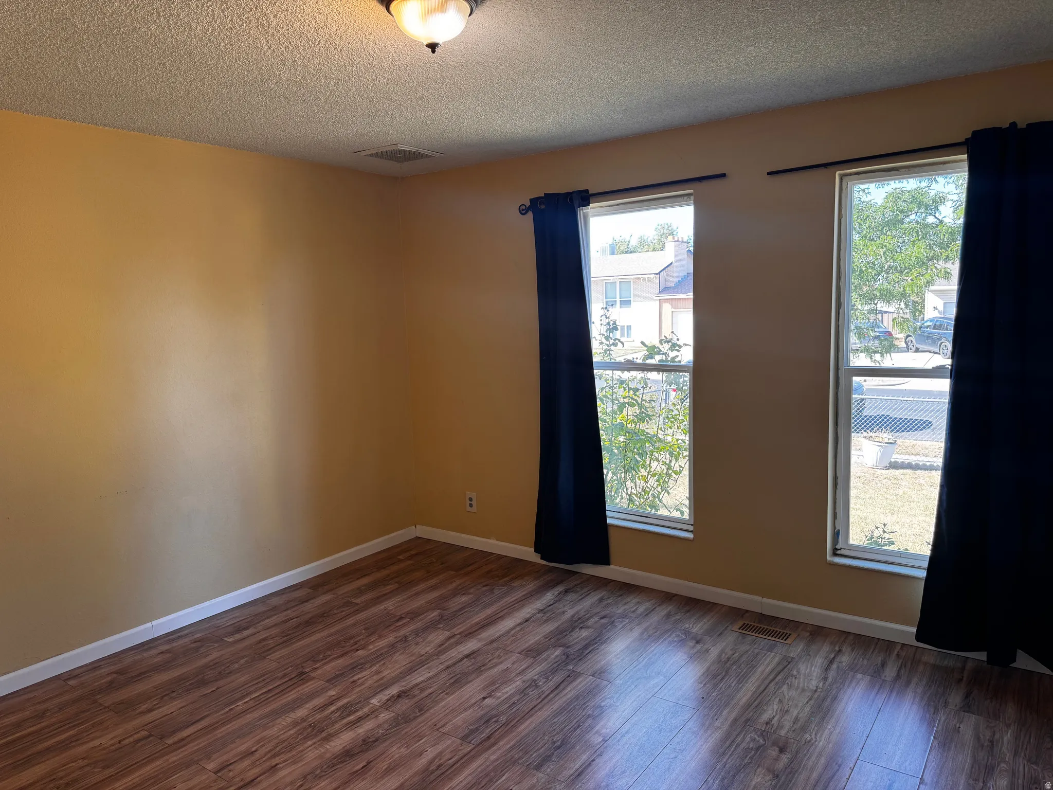 Wood-finish flooring, two large windows with natural light, and a ceiling-mounted light fixture