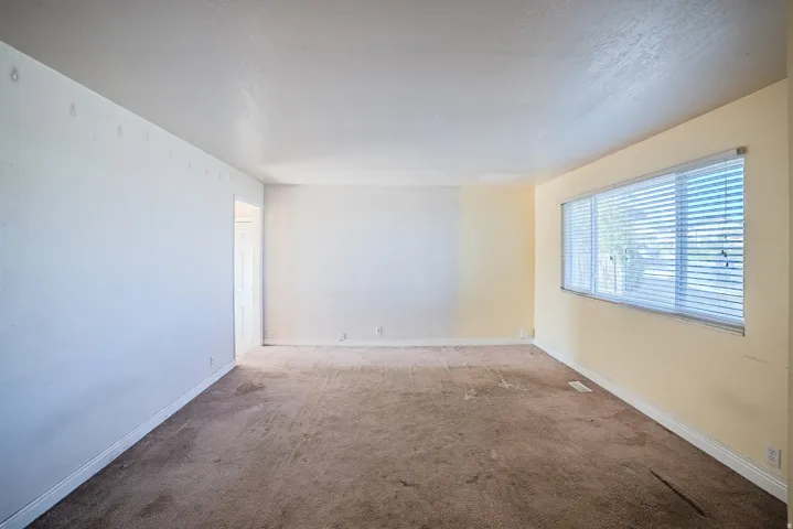 Spacious interior room with textured walls, a large window with horizontal blinds, and existing carpet flooring