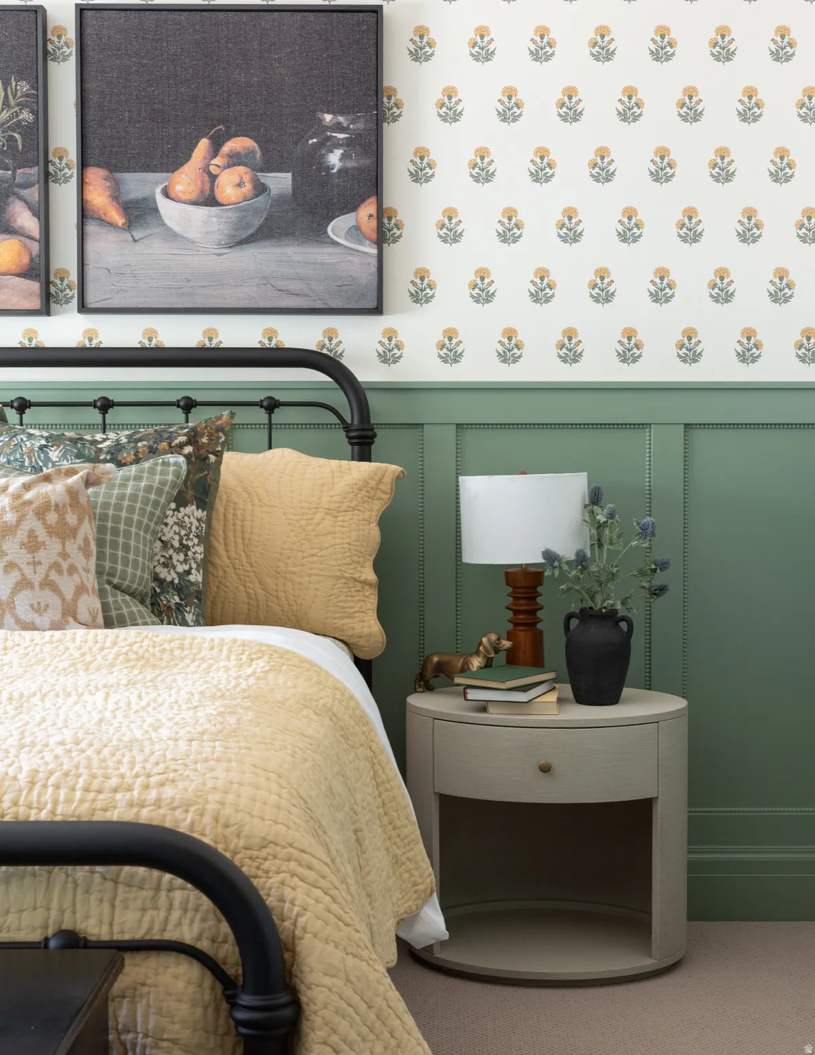 Decorative floral wallpaper with a board and batten wall treatment