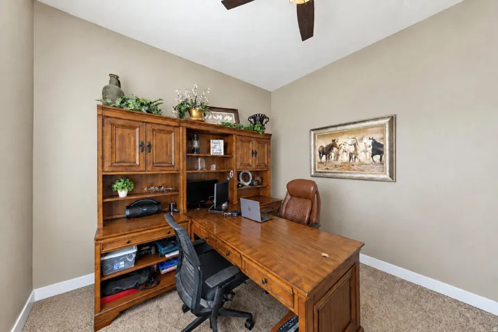 Recessed lighting, ceiling fan, and built-in wood cabinetry with shelving