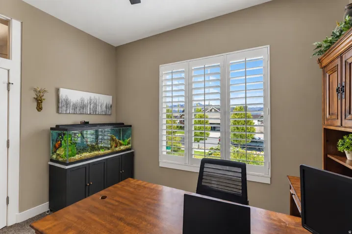 Window featuring white plantation shutters