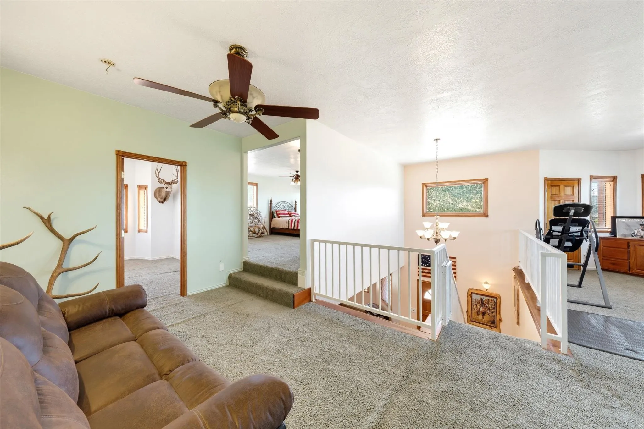 Carpeted upper level with painted walls, ceiling fan, and white railing overlooking the lower level