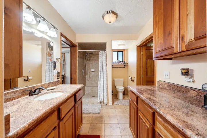 Dual wood-finish vanity with stone-finish countertops, undermount sinks, and dark-tone fixtures