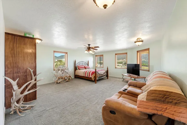 Carpeted flooring, multiple windows with wood trim, ceiling-mounted light fixtures, and a ceiling fan