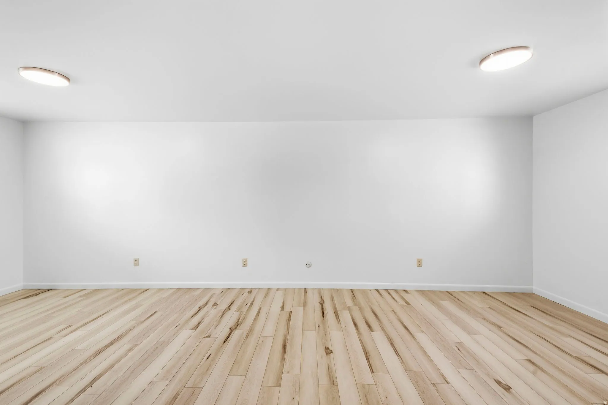 Light wood-finish flooring with white walls and ceiling