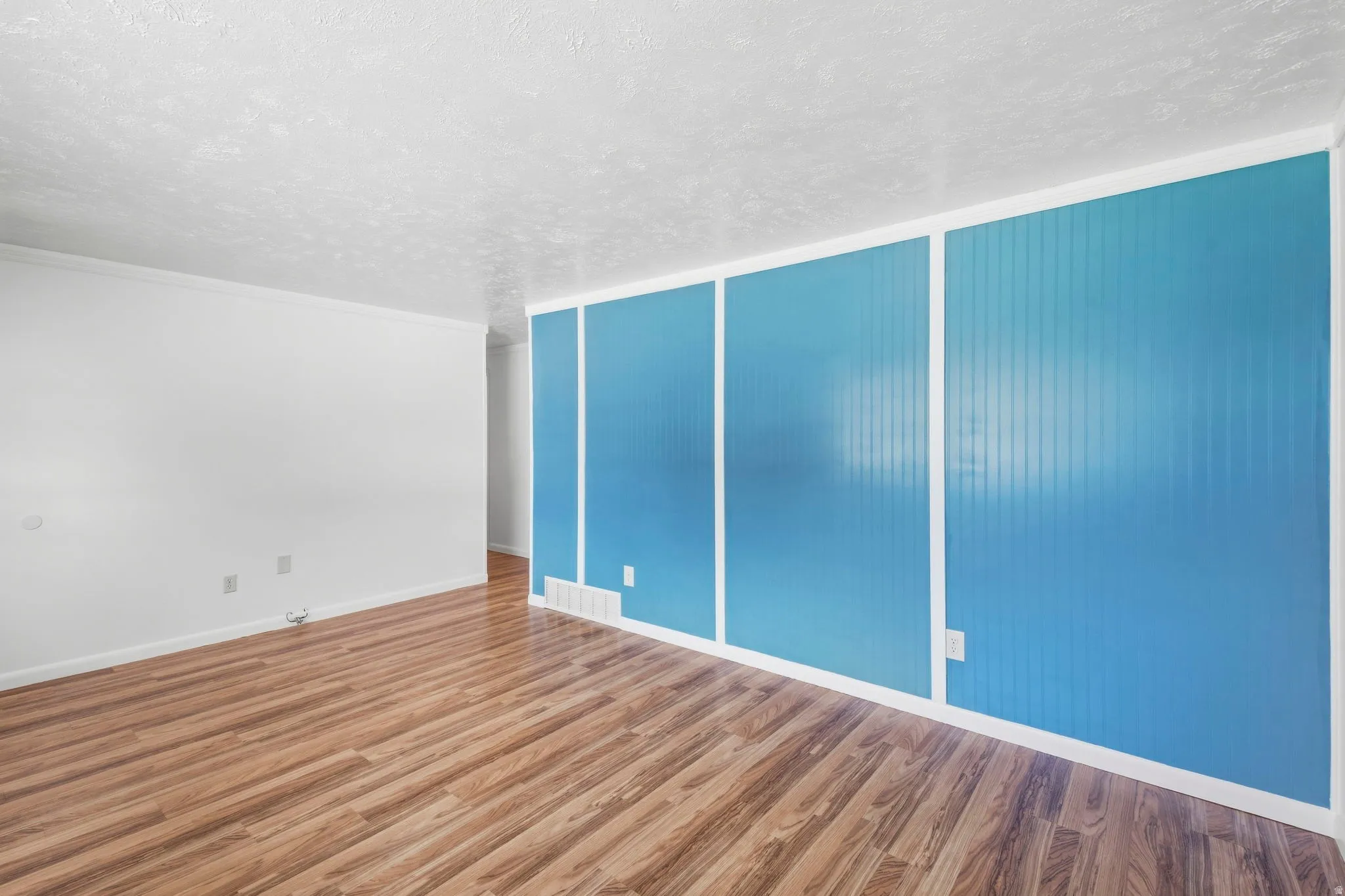 Wood-finish flooring throughout, bright white wall paint, and a textured ceiling