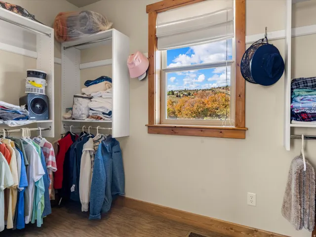 Built-in closet shelving, wood-finish flooring, and a window with wood trim