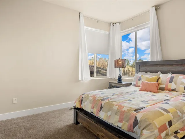 Wall-to-wall carpeted flooring, corner window configuration, and neutral-toned wall finish