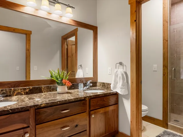 Dual vanity with integrated sinks, rich wood cabinetry, and a patterned stone countertop