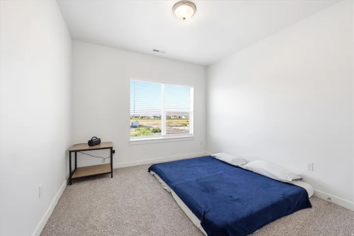 Carpeted room with white walls, a single window with blinds, and an overhead flush-mount light fixture