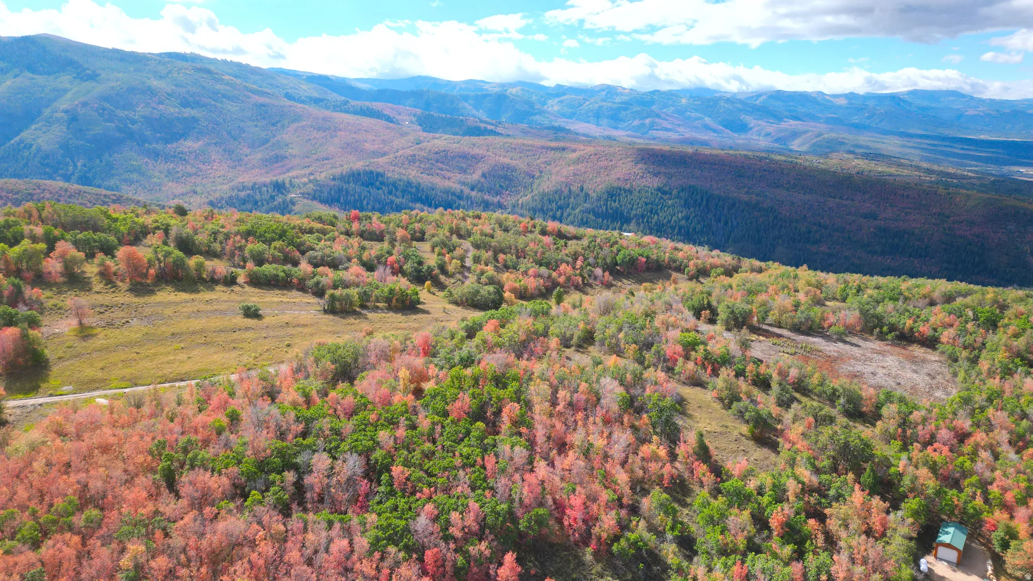 Expansive mountain landscape featuring varied tree coverage and a partially visible structure with a green roof