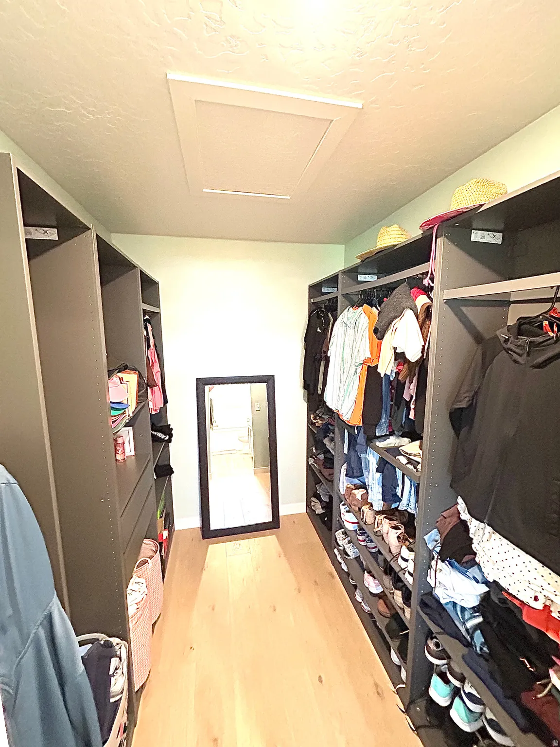 Custom closet system with hanging rods, shelving, and wood-finish flooring