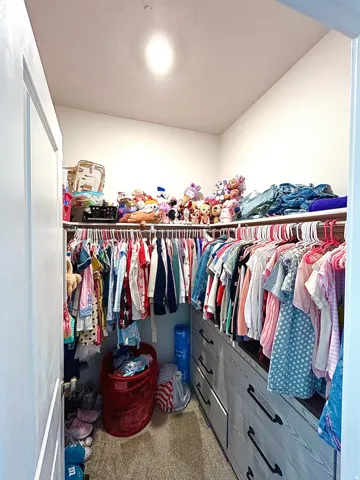 Built-in closet system featuring multiple hanging rods, integrated drawer storage with dark hardware, and upper shelving