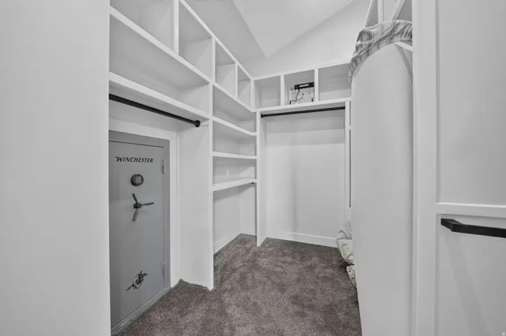Built-in shelving, hanging rods, carpet flooring, a vaulted ceiling, and a secure door