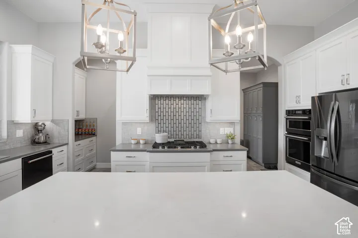 Kitchen featuring white cabinetry, a large kitchen island, stainless steel appliances, a tiled backsplash, and recessed lighting