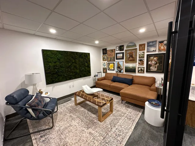 Recessed lighting illuminates a dropped ceiling in this versatile space. Pictures from the previous tenant. Office is now vacant