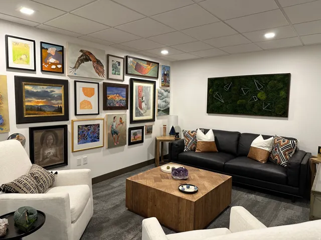 Recessed lighting illuminates the space, featuring a drop ceiling and wall-to-wall carpeting. Pictures from the previous tenant. Office is now vacant