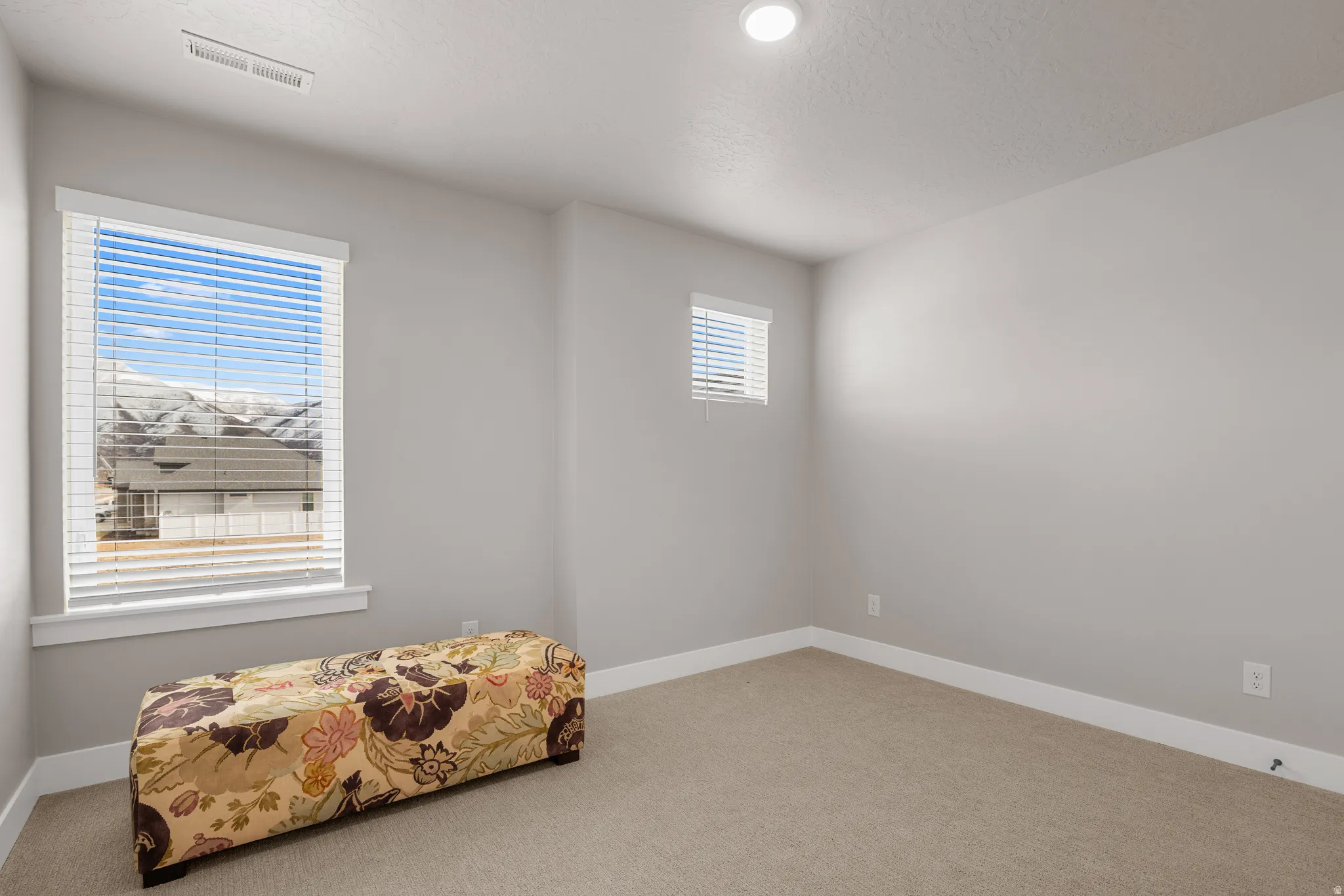 Recessed lighting illuminates neutral walls and carpeting, complemented by a large window with white blinds and a smaller secondary window