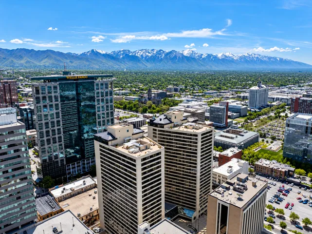 Expansive cityscape with prominent high-rise buildings and distant snow-capped mountains
