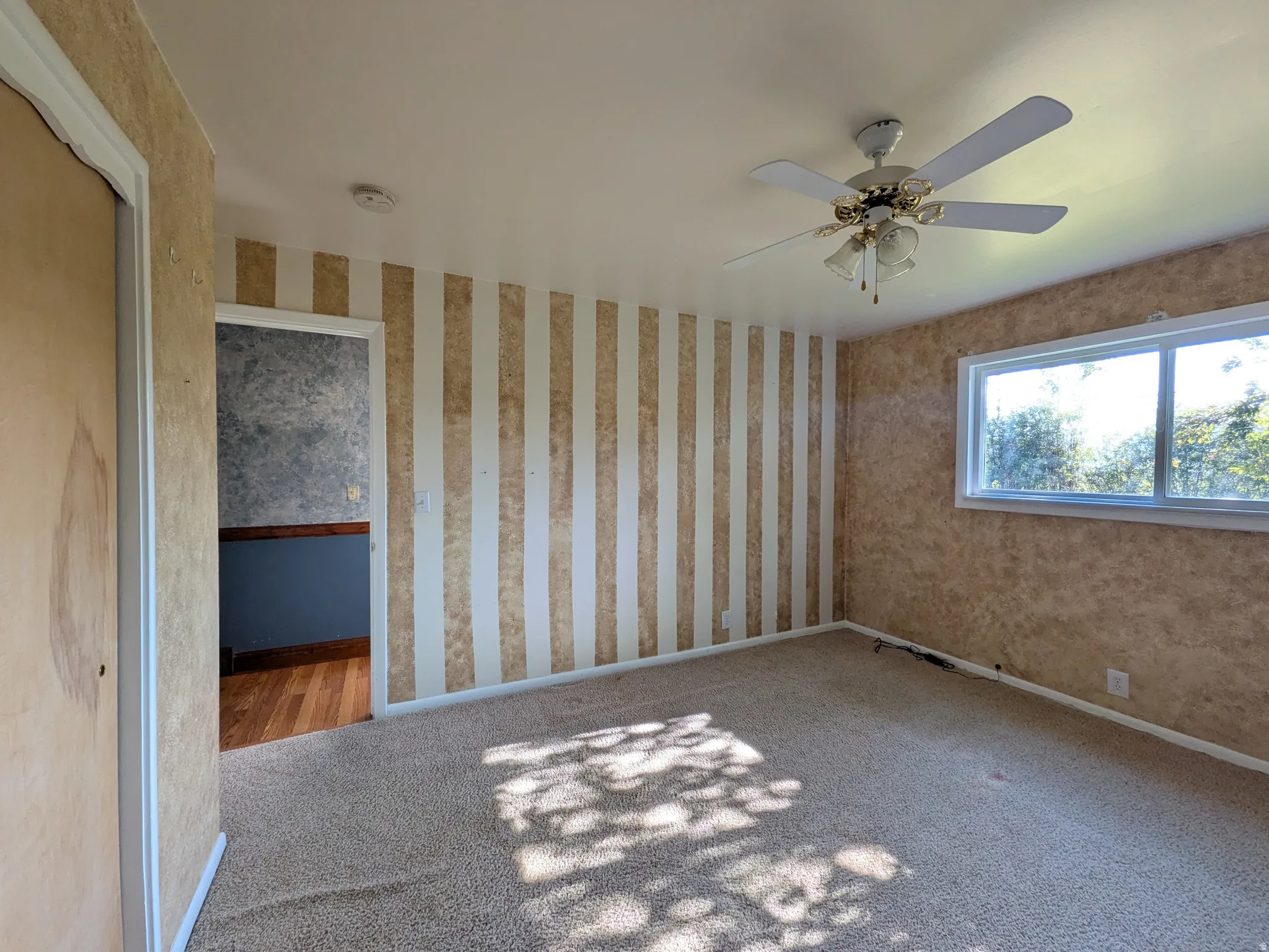 Carpeted room featuring a ceiling fan with integrated lighting, a window, and an entry door