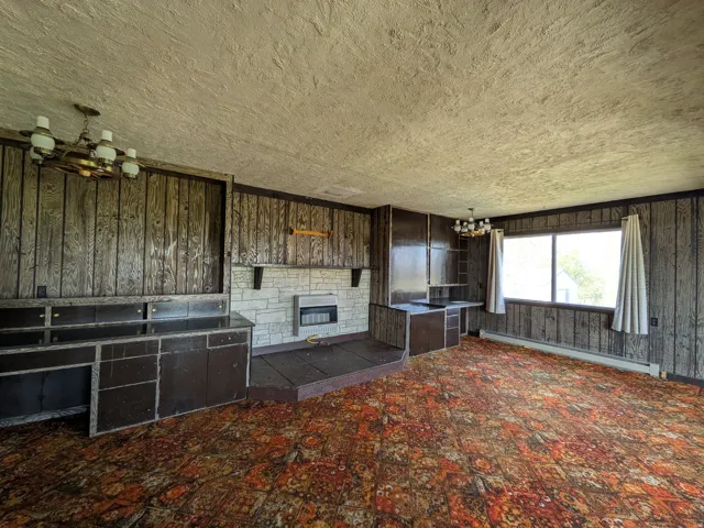 Wall-to-wall carpeting, wood paneling, built-in cabinetry, stone-clad fireplace, and multiple windows