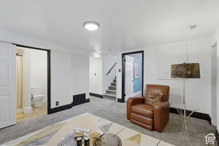 Downstairs Living Room: Carpeted living area featuring white walls, dark trim, and a recessed ceiling light
