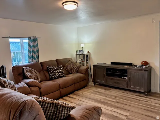 Recessed window with exterior awning, wood-finish flooring, and flush-mount ceiling lighting