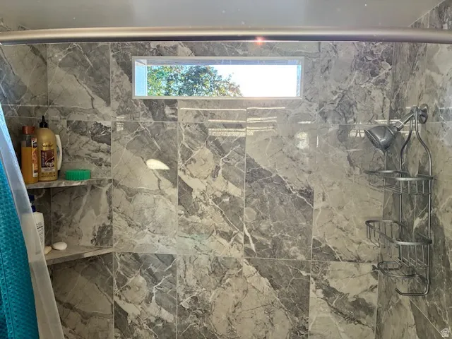 Shower with gray veined tile, a recessed niche, and a horizontal window