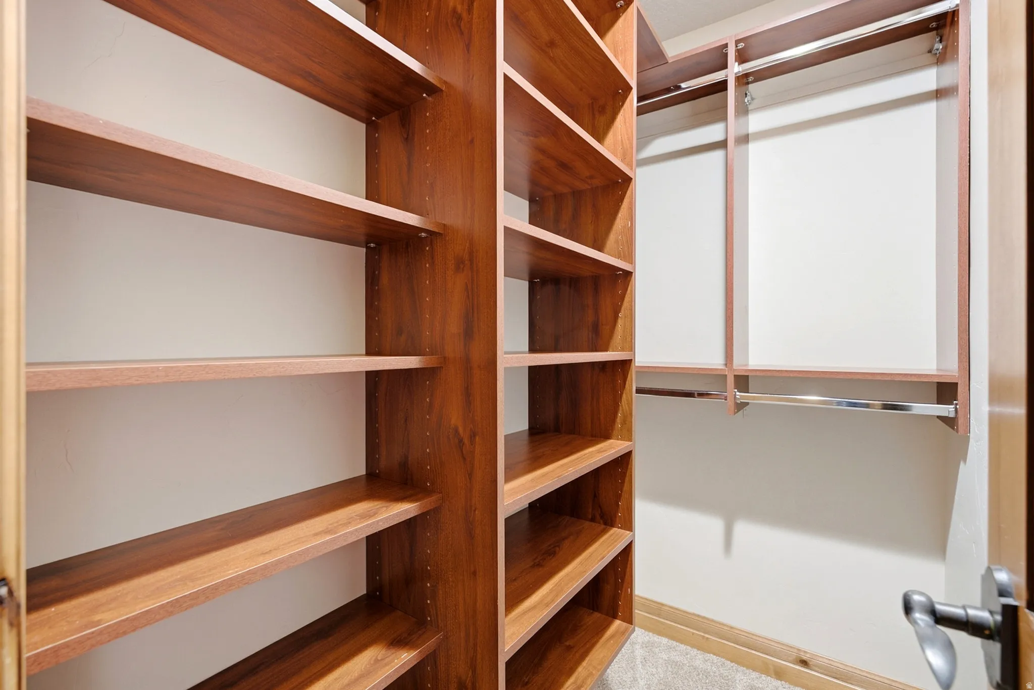 Built-in closet system featuring wood-finish shelving, hanging rods, and carpeted flooring