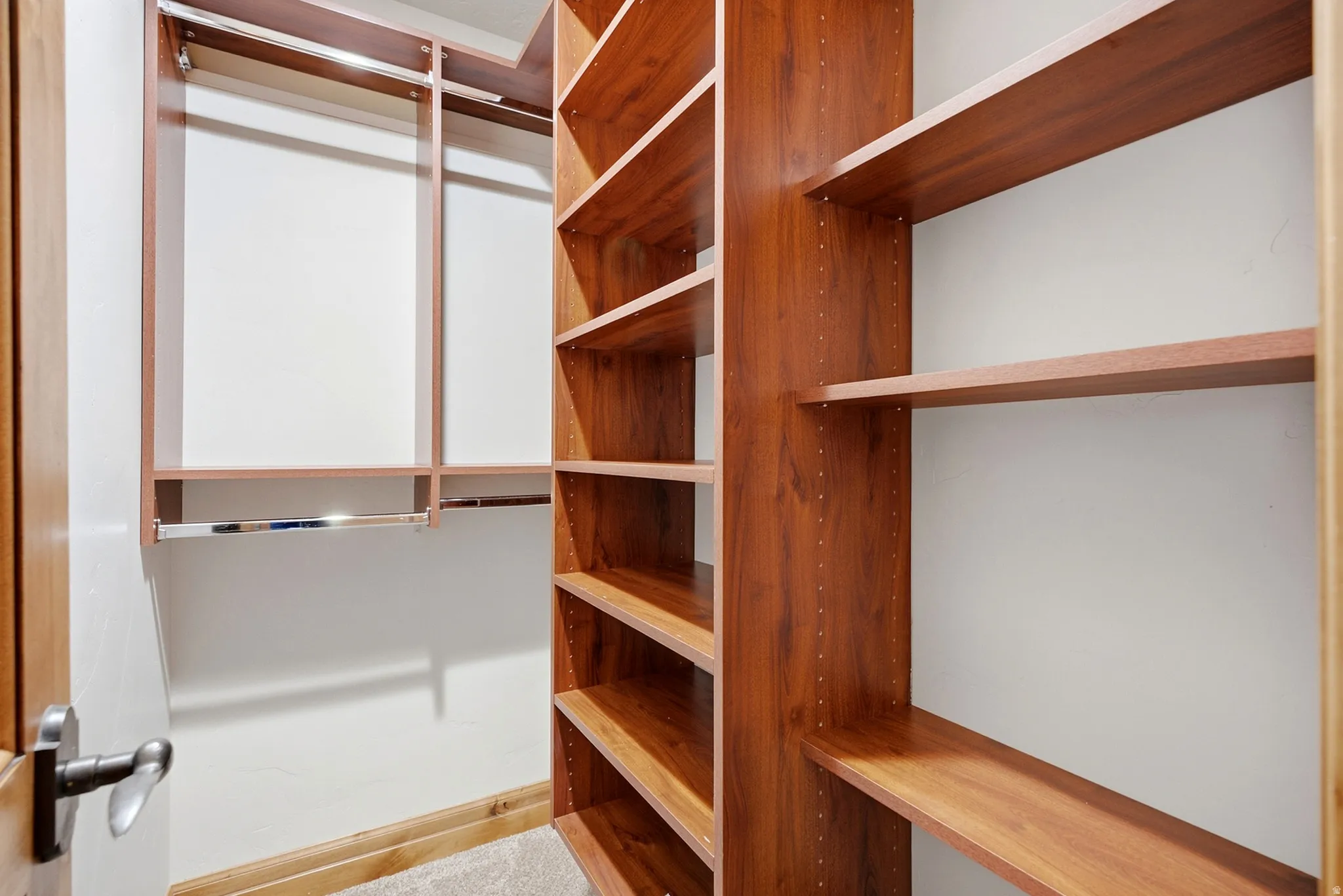 Custom closet system featuring wood-finish shelving and chrome hanging rods