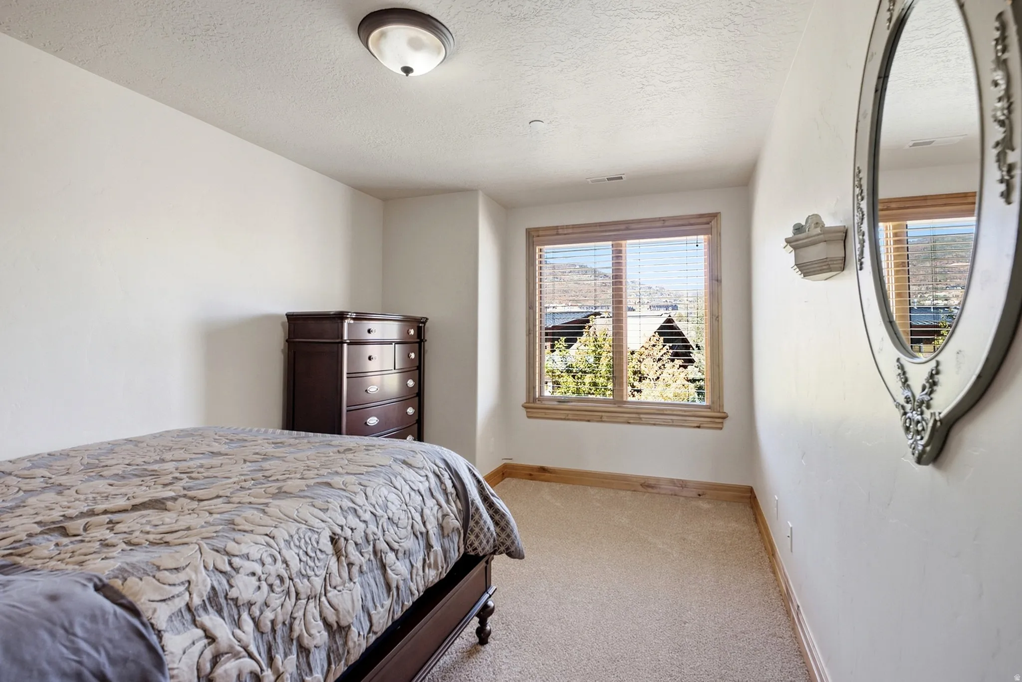 Carpeted flooring with light wood trim, a window with wood blinds, and a flush mount ceiling light fixture