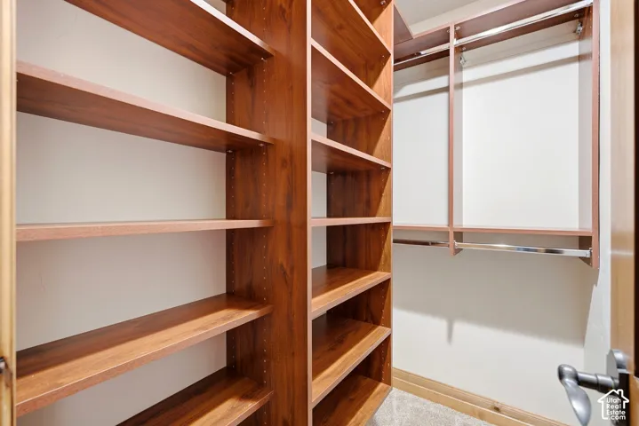 Built-in closet system featuring wood-finish shelving, hanging rods, and carpeted flooring