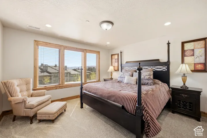 Recessed lighting, wood-trimmed windows, neutral wall tones, textured ceiling, and carpeted flooring